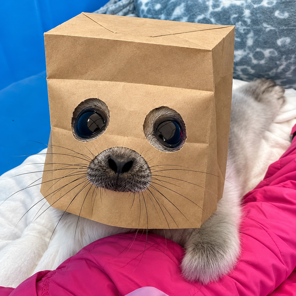 A mysterious seal wearing a cardboard mask